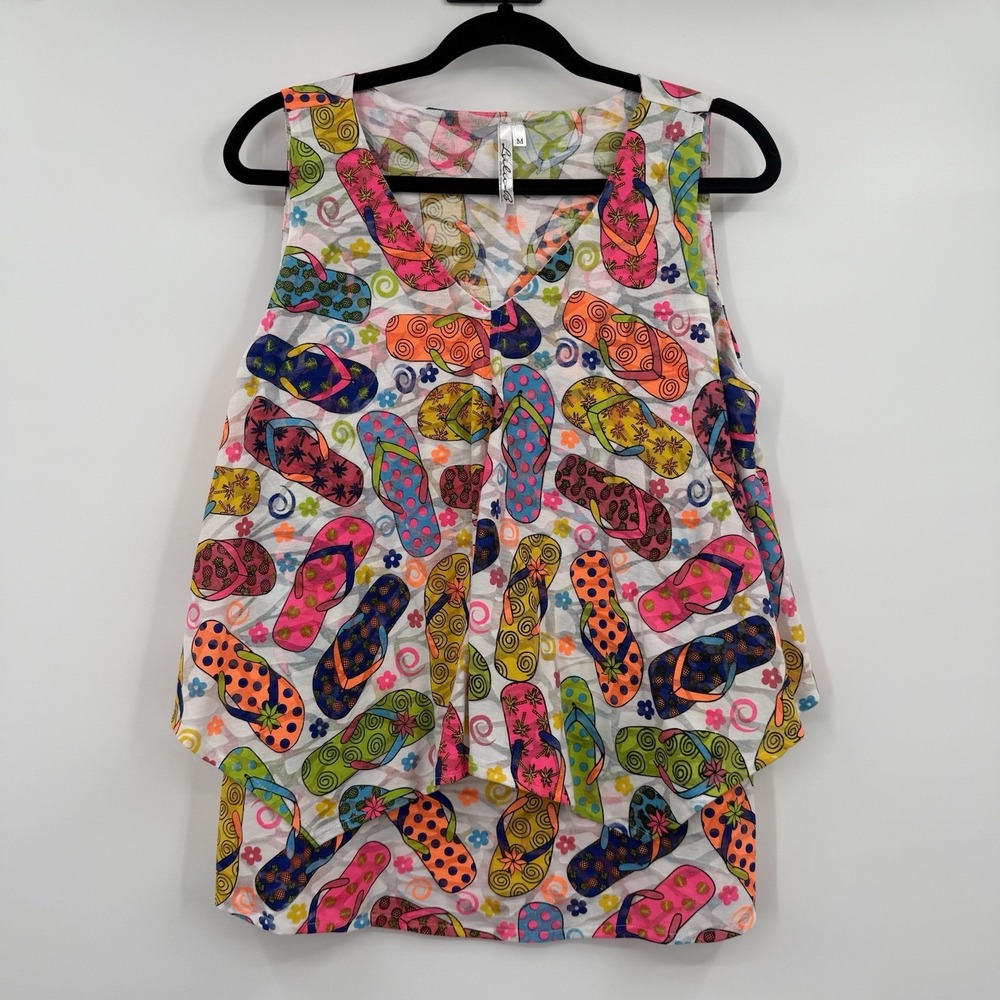 Lulu B Tank Top Womens Medium Bright Multicolor Flip Flop Layered Tropical